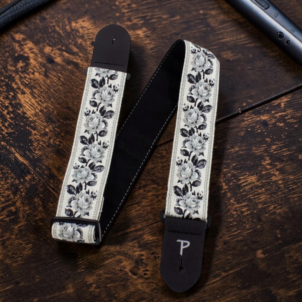 Correa de guitarra Perri's Leathers Black Roses on White TWS-7682