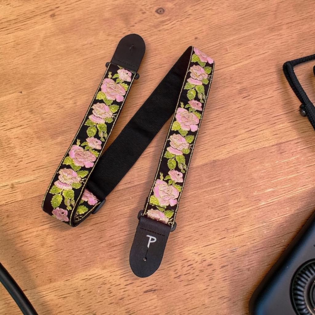 Correa de guitarra Perri's Leathers Pink and Black Flower TWS-7250