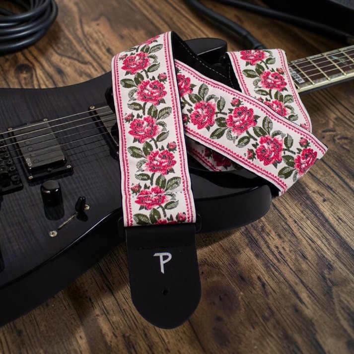 Correa de guitarra Perri's Leathers Red Roses on White TWS-7797