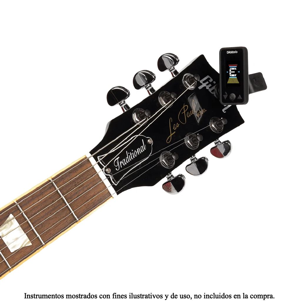 Afinador de pinza D'Addario PW-CT-17BK instalado en pala de guitarra electrica